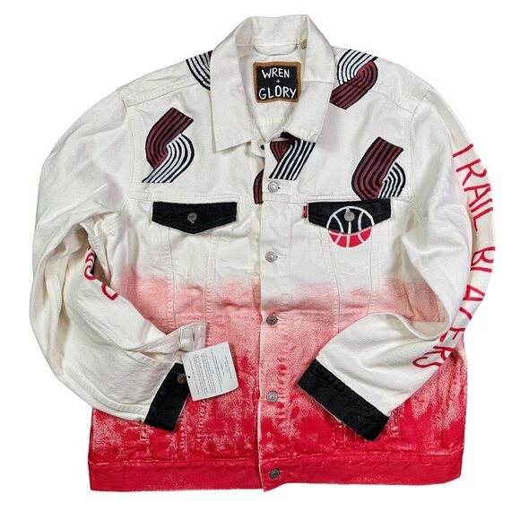 Wren + Glory Portland Trailblazers Hand Painted NBA Blazin Levis Denim Jacket XL - Picture 1 of 8